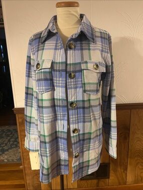 Blair Plaid Button-Up Shacket in Blue, White & Green